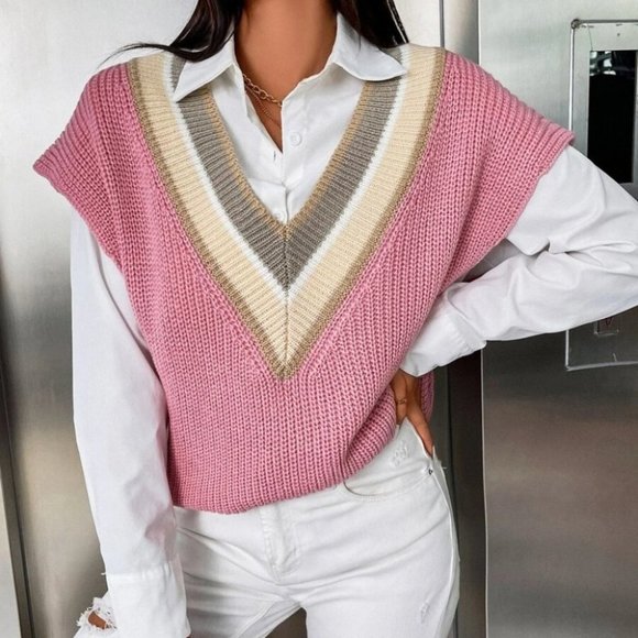 Colorblock Striped Trim V-neck Sweater Vest Pink - Picture 4 of 6